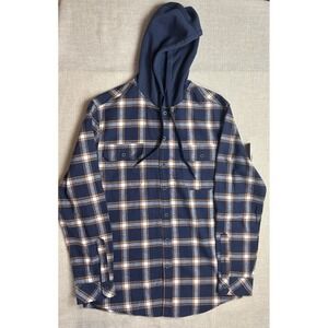 Burnside Hooded Flannel Shirt Mens Medium Plaid Button Up Blue Orange